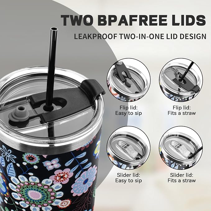 40 oz Tumbler with Lids and Straws, Stainless Steel Insulated Coffee Tumbler, Double Wall Vacuum Insulated Travel Mug Cup, Leakproof Thermal Coffee Cup for Hot and Cold Drinks (Flower) - Image 5