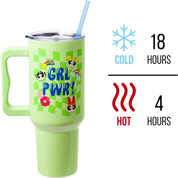 Silver Buffalo Powerpuff Girls Girl Power Groovy Retro Featuring Blossom, Bubbles, and Buttercup Double Walled Stainless Steel Tumbler with Handle and Straw, Fits in Standard Cup Holder, 40 Ounces - Image 3