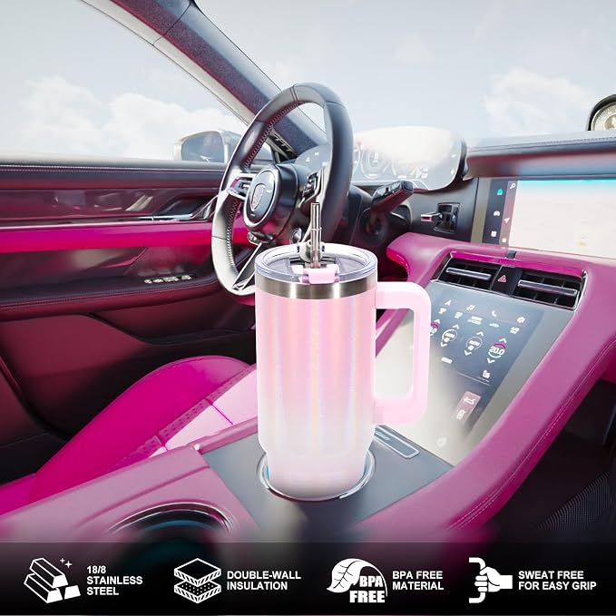 30 oz Shiny Tumbler with Handle and Straw,Stainless Steel Tumbler with Lid and Straw,Insulated Travel Mug(Cold for 34 Hours),Water Bottle for Iced Tea,Coffee (Pink) - Image 5
