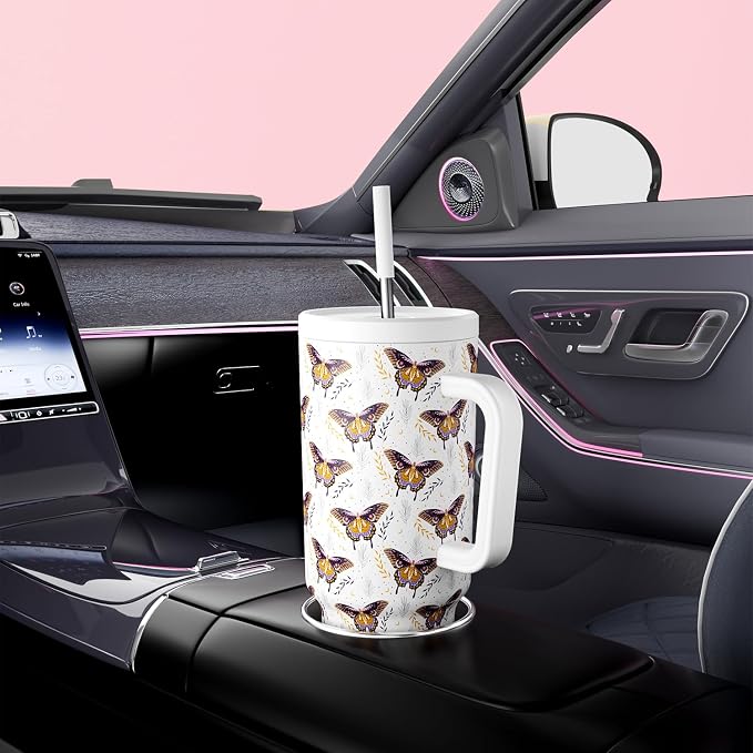 Meoky 40 oz Tumbler with Handle and Straw: Stainless Steel Insulated Tumbler with Lid and Straw - 100% Leak Proof Tumbler for Car Cup Holders - Travelers Commuters Workers, Flutterfly - Image 5