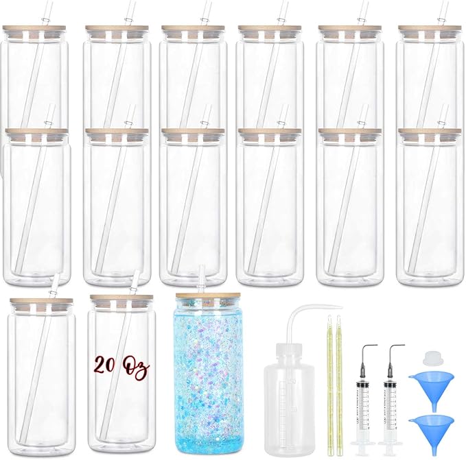 15 Pack Acrylic Snow Globe Tumbler, 20 Oz Pre Drilled Double Wall Snow Globe with Bamboo Lid Supplies Kit, Plastic Snowglobe Tumbler Diy Kit Including Cups And Diy Tools by Maucircol