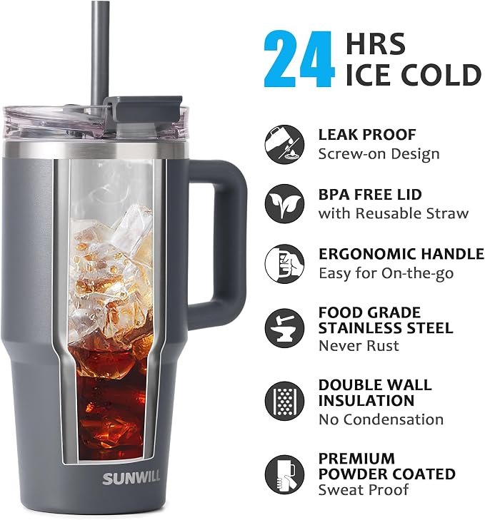 SUNWILL Coffee Tumbler with Handle, 20 oz Travel Mug with Lid and Straw Insulated, Stainless Steel Cup Leak Proof for Travel & Outdoor, Cupholder Friendly, Powder Coated Charcoal - Image 2