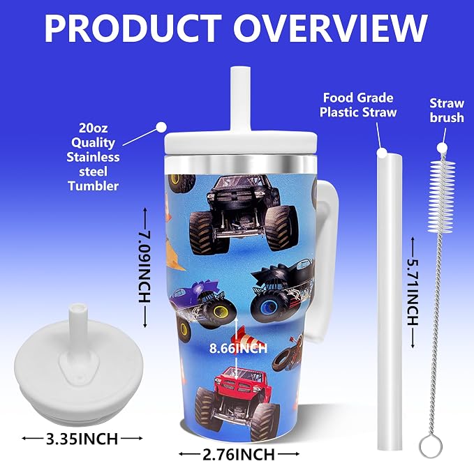 20-OZ Insulated Water Bottle,Insulated Stainless Steel Tumbler,Reusable Cold Drink Thermos,BPA-Free, Double-Wall Stainless Steel Water Bottle (Light blue-Monster truck, 20, Fluid Ounces) - Image 2