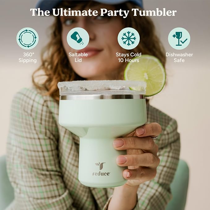 REDUCE Saltini 16 oz Cocktail Tumbler - Insulated Margarita Tumbler with Lid - Keeps Drinks Cold for 10 Hours - 360 Sippable Martini Glass Alternative - Shatterproof, Perfect for Parties - Palm Leaf - Image 2