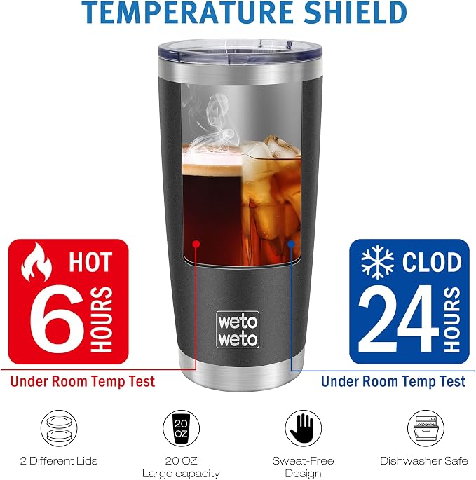 WETOWETO 20oz Tumbler with 2 lids and 2 straws, Stainless Steel Vacuum Insulated Coffee Tumbler Cup, Double Wall Powder Coated Leak-proof Travel Coffee Mug Cup (Black, 1 Pack) - Image 5