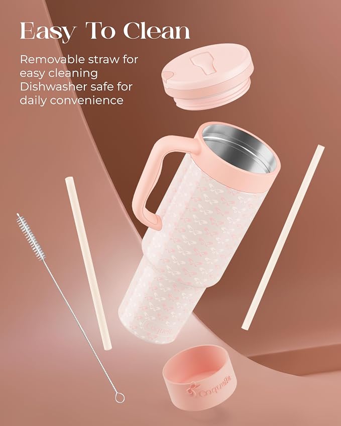 40 oz Insulated Tumbler with Handle and Push-Button Straw Lid, Stainless Steel Travel Cup for Gym Office, Leakproof, BPA-Free, Cup Holder Friendly, Bow Silicone Boot, Cream (Coquette Peachy) - Image 6
