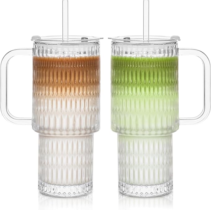 INSETLAN 26oz Raindrop Glass Tumbler with Handle and Lid, Set of 2 – Reusable Iced Coffee Cups with Lids, Clear Glass Cups with Straw for Coffee, Smoothies, Tea, Juice – Perfect for any Occasion by INSETLAN