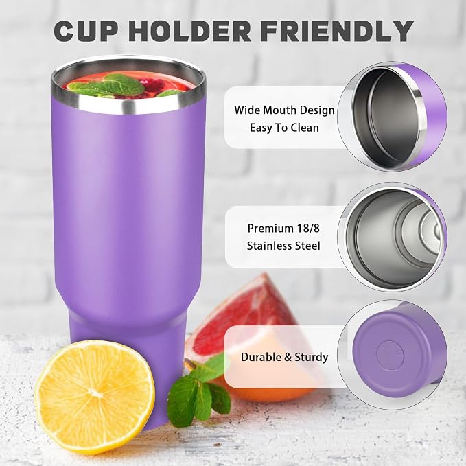 40 oz Tumbler with Lids and Straws, Stainless Steel Insulated Coffee Tumbler, Double Wall Vacuum Insulated Travel Mug Cup, Leakproof Thermal Coffee Cup for Hot and Cold Drinks (Purple) - Image 3