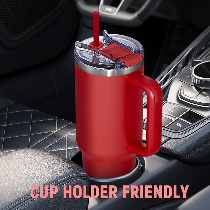40 oz Tumbler with Handle and Straw Lid,Insulated Reusable Stainless Steel Water Bottle Travel Mug，Cupholder Friendly Double Wall Vacuum Sealed Cup (Cherry Red) - Image 5