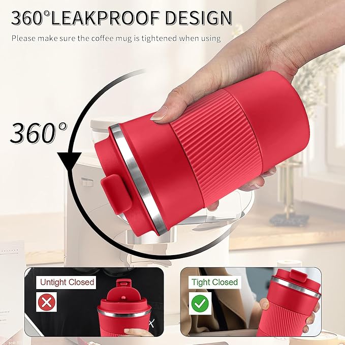 YINBAOGE Insulated Travel Coffee Mug, Spill & Leak Proof, Portable To Go Camping Stainless Steel Coffee Tumbler, Reusable Thermal Coffee Cup with Lid for Hot & Cold Drinks (Red, 12 OZ) - Image 5