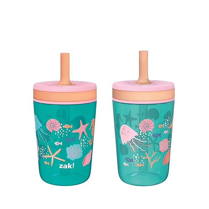 Zak Designs Kelso 15 oz Tumbler Set, (Shells) Leak-Proof Screw-On Lid with Straw Made of Durable Plastic and Silicone, Perfect Cup Bundle for Kids (2pc Set) by ZakDesigns