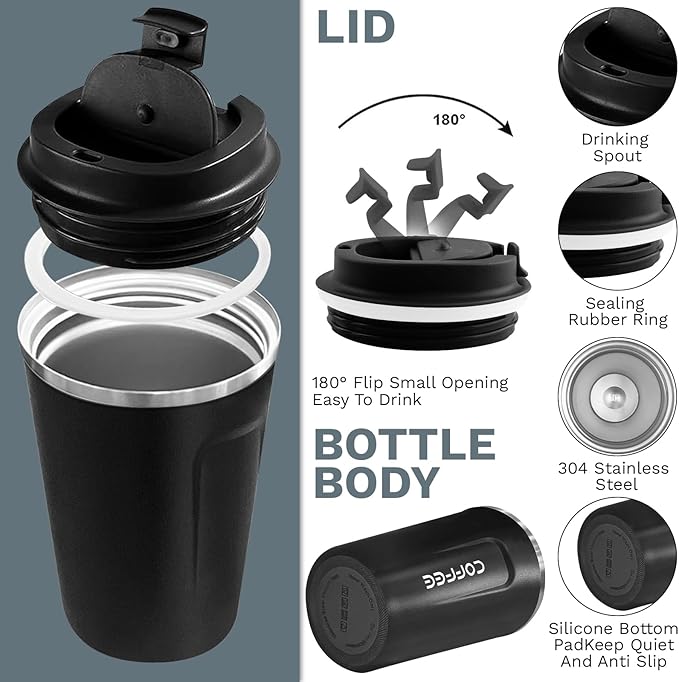YINBAOGE Insulated Travel Coffee Mug, Spill & Leak Proof, Portable To Go Camping Stainless Steel Coffee Tumbler, Reusable Thermal Coffee Cup with Lid for Hot & Cold Drinks (2nd-Black, 12 OZ) - Image 2