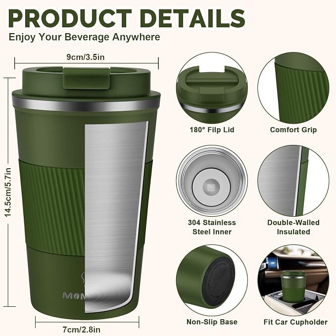 MOMSIV 12oz Travel Mug, Insulated Coffee Cup with Leakproof Lid, Vacuum Stainless Steel Double Walled Reusable Tumbler for Hot and Cold Water Coffee and Tea In Travel and Car Armygreen 380ML - Image 2