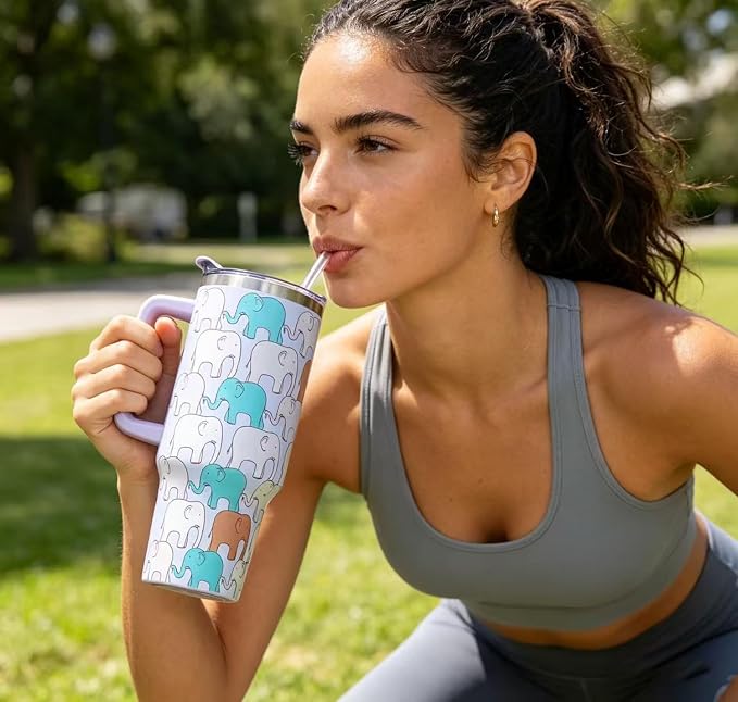 SYACOT 40 oz Tumbler with Handle and Straw Stainless Steel Insulated Tumbler Leak Proof Lid and Straw Lid Reusable Travel Mug Coffee Mug Cup Dishwasher Safe Keep Drinks Cold and Hot (LittleElephant) - Image 6