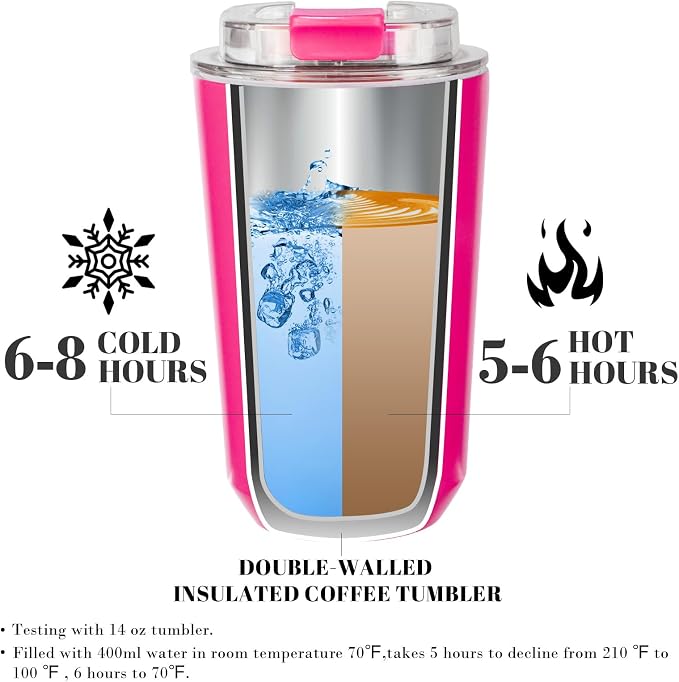 Puraville Insulated Tumblers with Lid, 14 oz Travel Coffee Mug Stainless Steel Vacuum Cup, Leak Proof Reusable Double Walled Coffee Tumbler for Iced and Hot Drinks, Fuchsia - Image 3