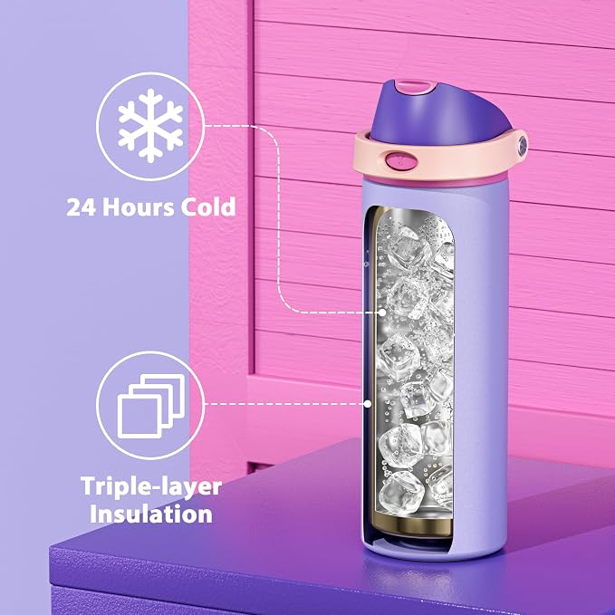24 oz Insulated Water Bottle for Women: Meoky Stainless Steel Metal Water Bottle with 2-in-1 Straw and Spout Lid - Leak Proof, Cold for 24 Hours, Protective Silicone Base, BPA-Free for School, Orchid - Image 4