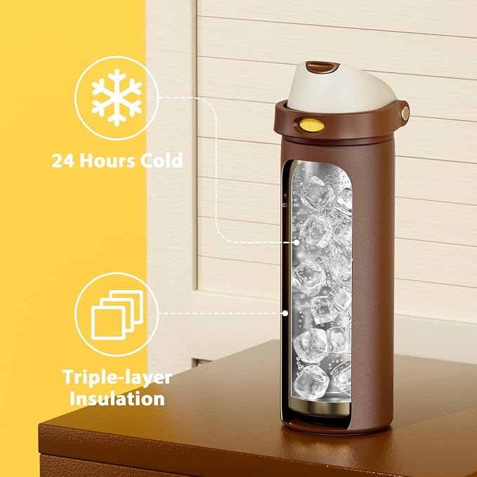 24 oz Insulated Water Bottle with Straw: Meoky Stainless Steel Metal Water Bottle with 2-in-1 Lid - Leak Proof, Cold for 24 Hours, Fits in Car Cup Holder, BPA-Free for Travel Sports Gym, Cocoa - Image 4