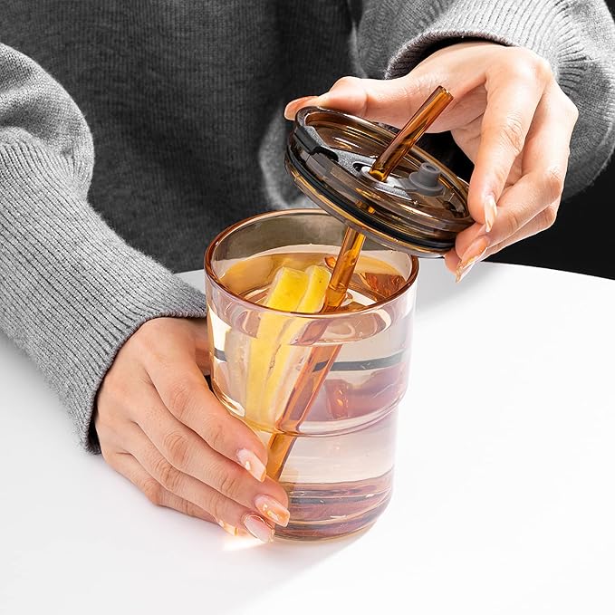 BLUEPOLAR 13oz/400ml Tumbler Water Glass, Cups with Straw and Lid Sealed Carry on for Coffee, Iced Tea, Thick Wall Insulated Glass Cup（Amber 2-Pack） - Image 6