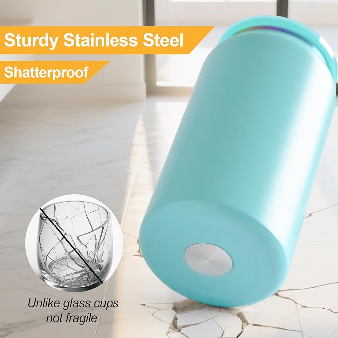 6 Pack Glass Cups with Lids and Straws Unbreakable 16 oz Stainless Steel Can Cup Double Wall Insulated Beer Can Tumbler for Iced Coffee, Juice, Soda, Matte-Colored - Image 2