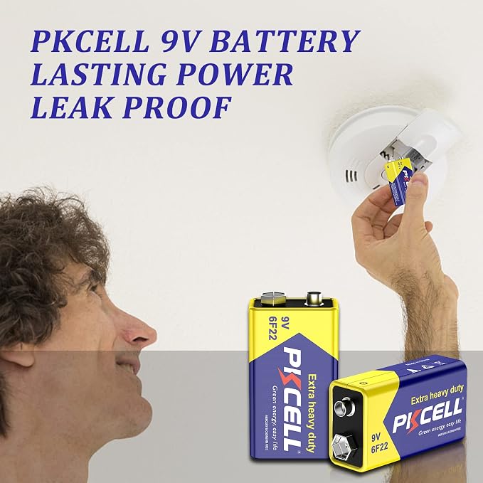 PKCELL 9V Battery Carbon Zinc for Smoke Detectors 6F22 Battery, 10-Year Shelf - Image 2