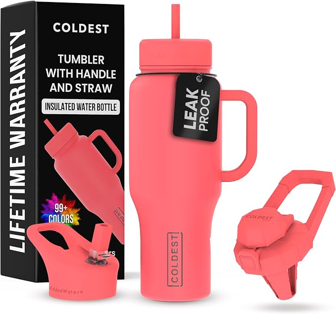 Coldest Tumbler with Handle and Straw - 100% Leak Proof Insulated Tumbler with Lid and Straw (3 Lids) - Stainless Steel Tumblers for Women & Men - Cup Holder Friendly Base, 36 oz (The Cardinal) by Coldest