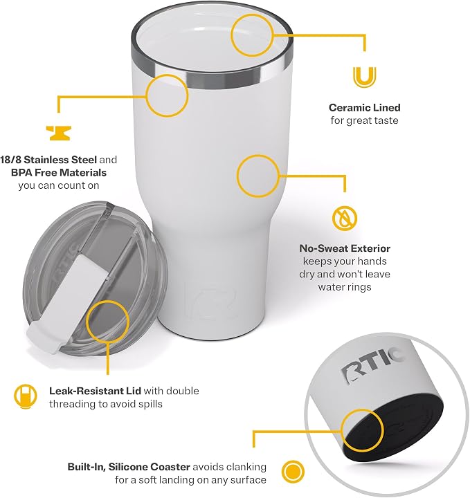 RTIC 40oz Essential Tumbler with Lid, Ceramic Lined, Insulated, Stainless Steel, Metal, Double Wall Vacuum-Insulation, Travel Cup for Iced Coffee, Tea, Hot and Cold Drink, White - Image 4