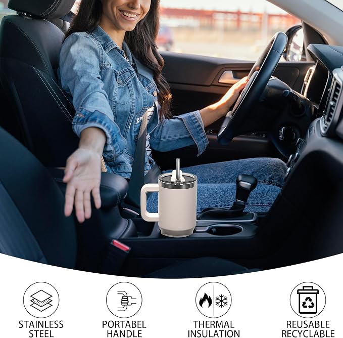20 oz Tumbler with Handle,Tumbler with Lid and Straw,Double Wall Insulated Cup Stainless Steel Travel Mug(Cold for 34 Hours),Water Bottle for Iced Tea,Coffee,Cold Beverages(Ivory Beige) - Image 7