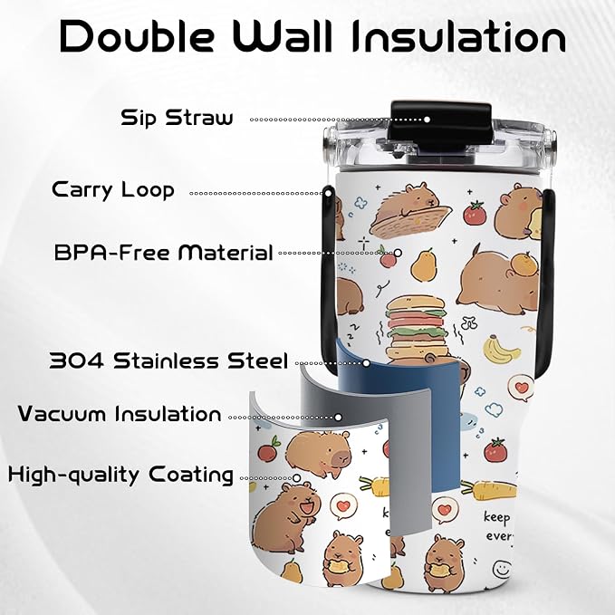 Capybara Tumbler 20 oz with Handle - Cute Animal Water Bottle, Insulated Cup - Unique Gifts for Girls, Kids, Capybara Lovers - Birthday Christmas Gift - Image 4