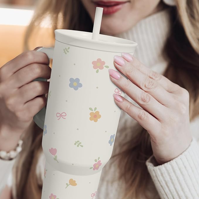 Floral 40oz Slider Tumbler with Handle and Straw - Insulated Stainless Steel Travel Coffee Mug for Women Girls, Gift for Birthday Christmas - Image 6