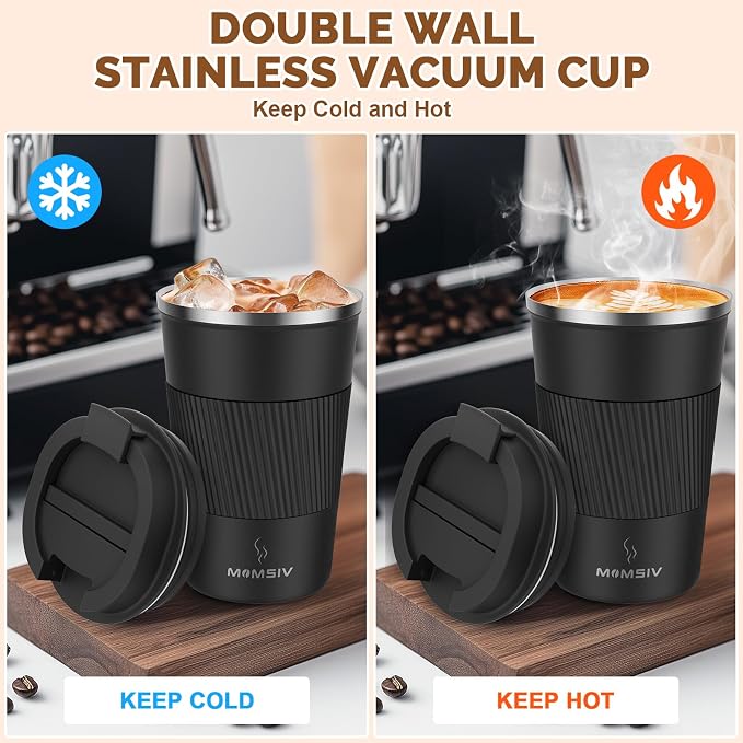 MOMSIV 12oz Travel Mug, Insulated Coffee Cup with Leakproof Lid, Vacuum Stainless Steel Double Walled Reusable Tumbler for Hot and Cold Water Coffee and Tea In Travel and Car (Black - 380ml) - Image 3
