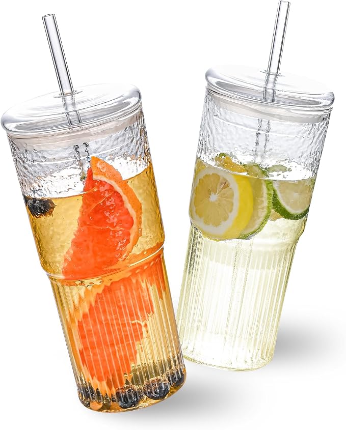 20oz Glass Cups With Glass Lids and Straws, High Borosilicate Iced Coffee Cups, Reusable Glass Tumblers for Coffee, Tea, Juice, Smoothies, Hot/Cold Drinks at Home, Office - 2 Packs by MINGHYZYA