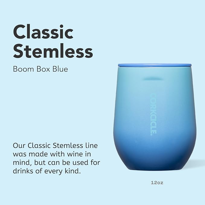 Corkcicle Classic Stemless Wine Tumbler - Keeps Drinks Cold for 6 Hours - Triple-Insulated Stainless Steel - Non-Slip Bottom - Summer Drinkware Gift - Keeps Drinks Ice Cold - 12 oz - Boom Box Blue - Image 2