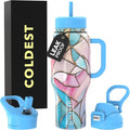Coldest Tumbler with Handle and Straw - 100% Leak Proof Insulated Tumbler with Lid and Straw (3 Lids) - Stainless Steel Tumblers for Women & Men - Cup Holder Friendly Base, 36 oz (Astroflora) by Coldest