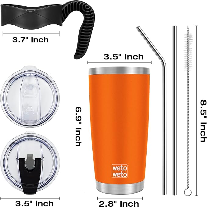 WETOWETO 20oz Tumbler with 2 lids and 2 straws, Stainless Steel Vacuum Insulated Water Coffee Tumbler Cup, Double Wall Powder Coated Spill-Proof Travel Mug Thermal Cup (Orange, 1 Pack) - Image 3