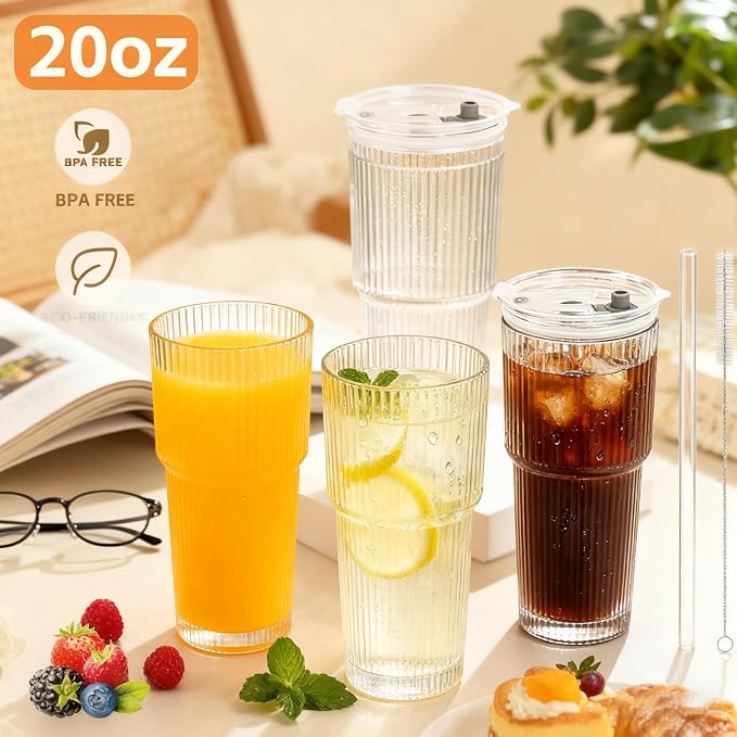 20 oz Glass Tumblers, Iced Coffee Cups with Lids and Glass Straws, Thickened Wall Ribbed Glass Cups, Ideal for Smoothies, Cocktails, and Juices – Vintage and Durable Drinkware – 1 Pack - Image 8