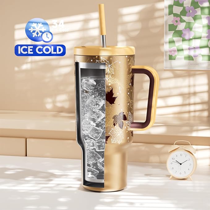 Meoky 40 oz Tumbler with Handle and Straw: Stainless Steel Insulated Tumbler with Lid and Straw - 100% Leak Proof Tumbler for Car Cup Holders - Travelers Commuters Workers, Maple - Image 2