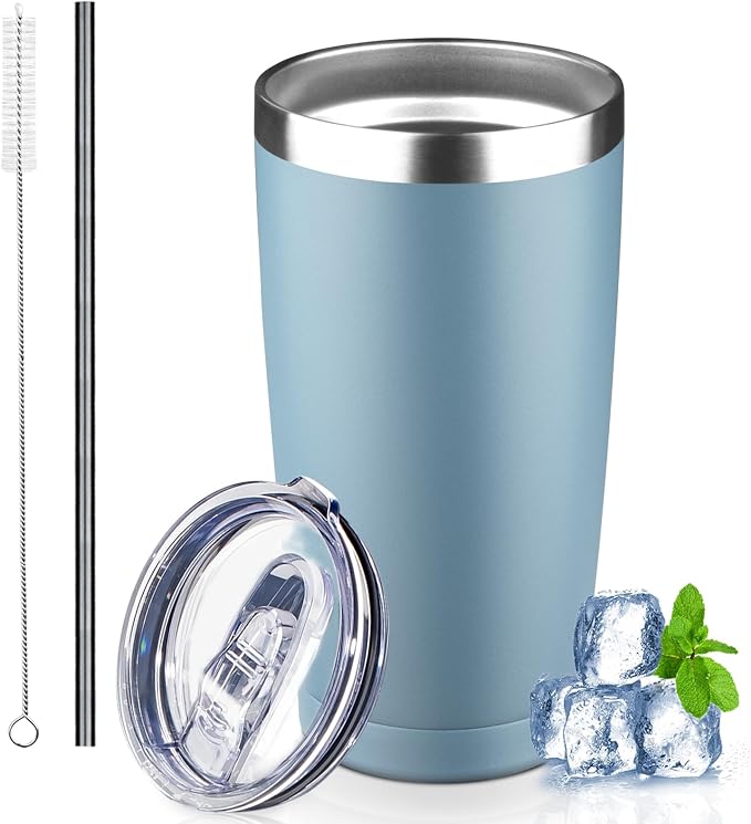 20 oz Tumbler with Lids and Straws, Stainless Steel Insulated Coffee Tumbler, Double Wall Vacuum Insulated Travel Mug Cup, Leakproof Thermal Coffee Cup for Hot and Cold Drinks (azure blue) by GUDEMAO