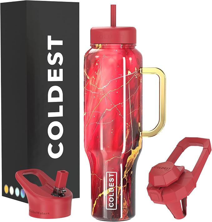Coldest Tumbler with Handle and Straw, 100% Leak Proof Insulated Tumbler with Lid and Straw (3 Lids), Stainless Steel Tumblers for Women & Men, Cup Holder Friendly Base, 46 oz (Red Luna) by Coldest