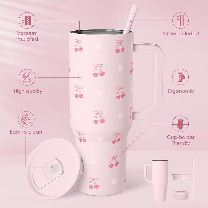 Cherry 40oz Slider Tumbler with Handle and Straw - Insulated Stainless Steel Travel Coffee Mug for Women Girls, Gift for Birthday Christmas - Image 2