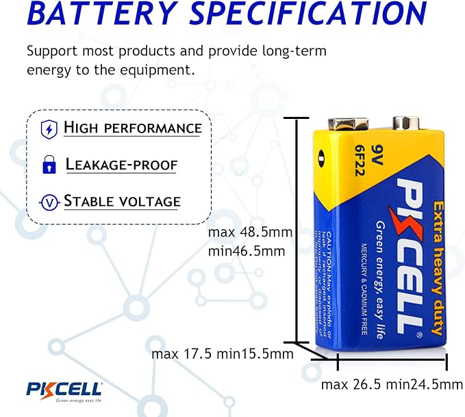 PKCELL 9V Battery Carbon Zinc for Smoke Detectors 6F22 Battery, 10-Year Shelf - Image 3