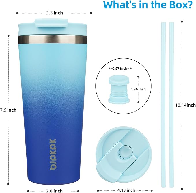 BJPKPK 22oz Insulated Tumbler With lid And Straw Stainless Steel Tumblers Travel Coffee Mug Reusable Thermal Cup,Sky - Image 2