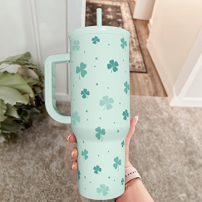 40oz Shamrock Tumbler with Handle and Straw - Insulated Stainless Steel Coffee Travel Mug, Christmas St. Patrick's Day Irish Gifts - Image 8