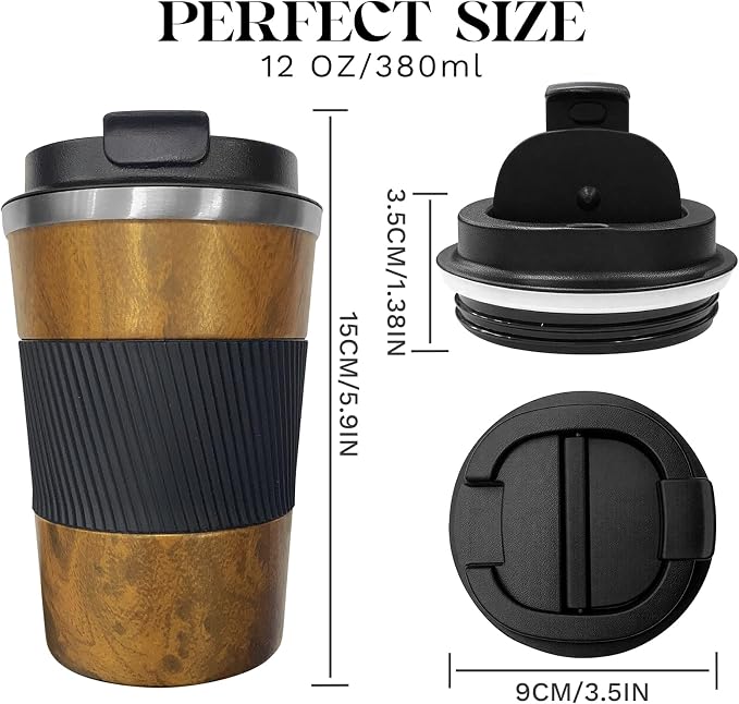 YINBAOGE Insulated Travel Coffee Mug, Spill & Leak Proof, Portable To Go Camping Stainless Steel Coffee Tumbler, Reusable Thermal Coffee Cup with Lid for Hot & Cold Drinks (Wood Grain, 12 OZ) - Image 3