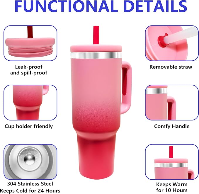 40-OZ Insulated Water Bottle,Insulated Stainless Steel Tumbler,Reusable Cold Drink Thermos,BPA-Free, Double-Wall Stainless Steel Water Bottle (Pink Gradient, 40, Fluid Ounces) - Image 3