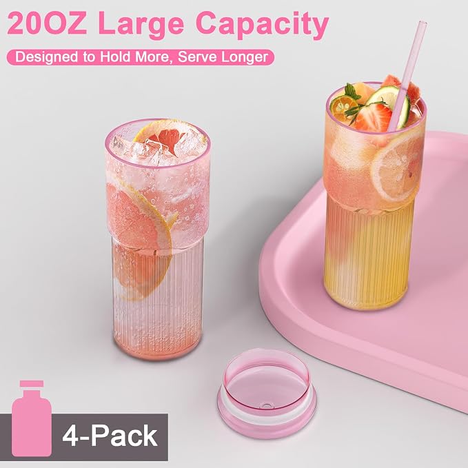 Luiaiog 20oz Glass Cups with Lids and Straws - Set of 4 Reusable Tumblers, Thickened Shatter-Resistant Glass, Ideal for Iced Coffee, Smoothies, Cocktails, Juices - Elegant & Durable Drinkware (Pink) - Image 6