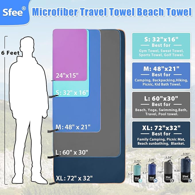Sfee 2 Pack Microfiber Travel Towel, Quick Dry Towel Camping Towel Large Beach - Image 4