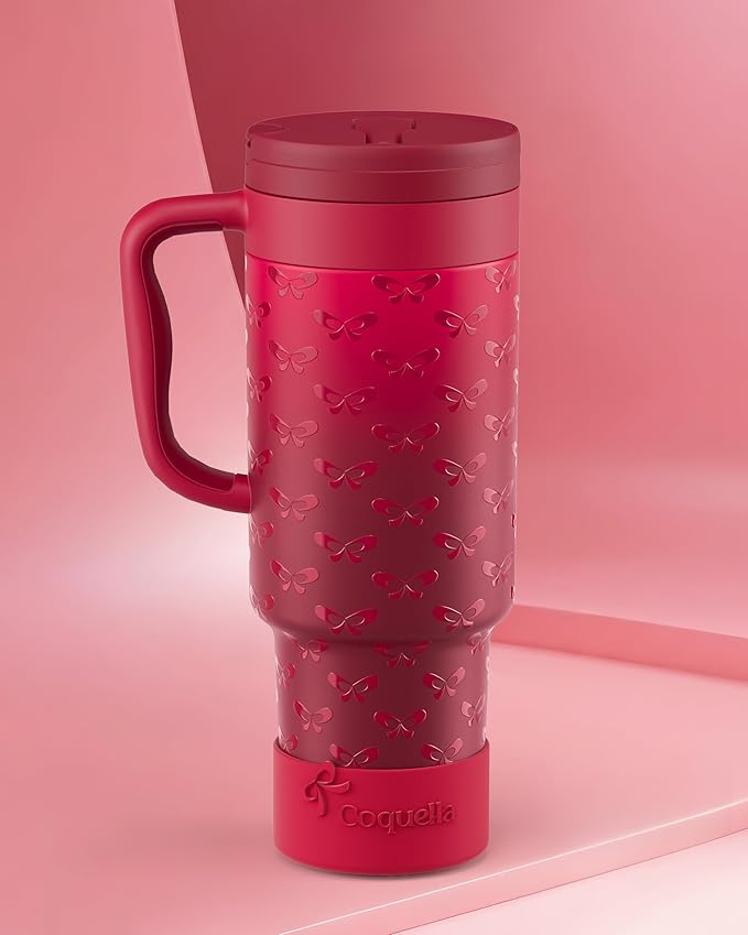 40 oz Insulated Tumbler with Handle and Push-Button Straw Lid, Stainless Steel Travel Cup for Gym Office, Leakproof, BPA-Free, Cup Holder Friendly, Bow Silicone Boot, Red (Coquette Cherry) - Image 2