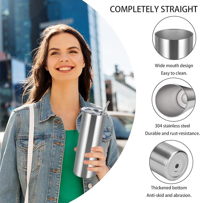 8 Pack 20 Oz Straight Skinny Tumblers, Individually Gift Boxed Stainless Steel Slim Skinny Tumbler Set Bulk, 20 Oz Insulated Slim Thin Travel Tumbler Cup for Diy, Silver - Image 3