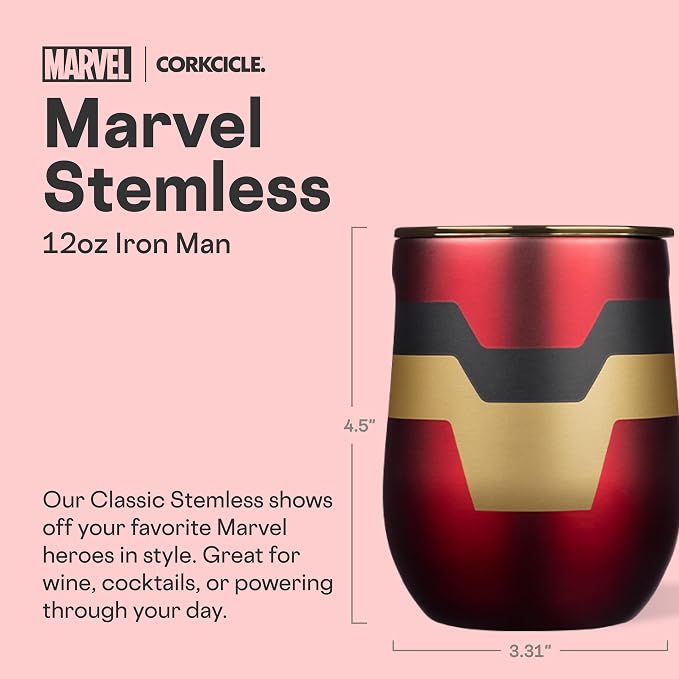 Corkcicle Stemless Insulated Wine Glass Tumbler - Beverages Cold 6 & Hot 3 Hours - Stainless Steel - Easy-Grip - Summer Drinkware Gift - Keeps Drinks Ice - 12 oz - Iron Man - Image 2