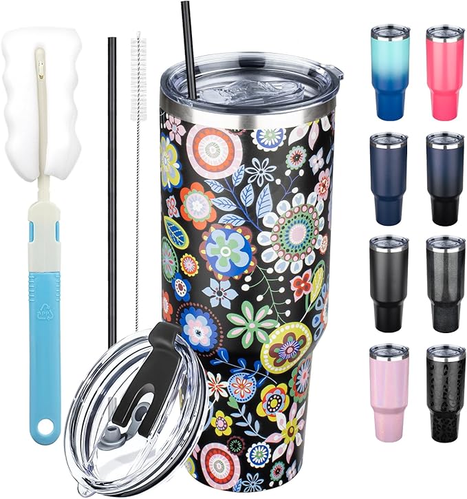 40 oz Tumbler with Lids and Straws, Stainless Steel Insulated Coffee Tumbler, Double Wall Vacuum Insulated Travel Mug Cup, Leakproof Thermal Coffee Cup for Hot and Cold Drinks (Flower) by GUDEMAO